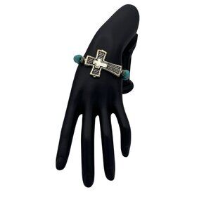 Beaded Turquoise Cross Stretch Bracelet With Silver-Tone Accents